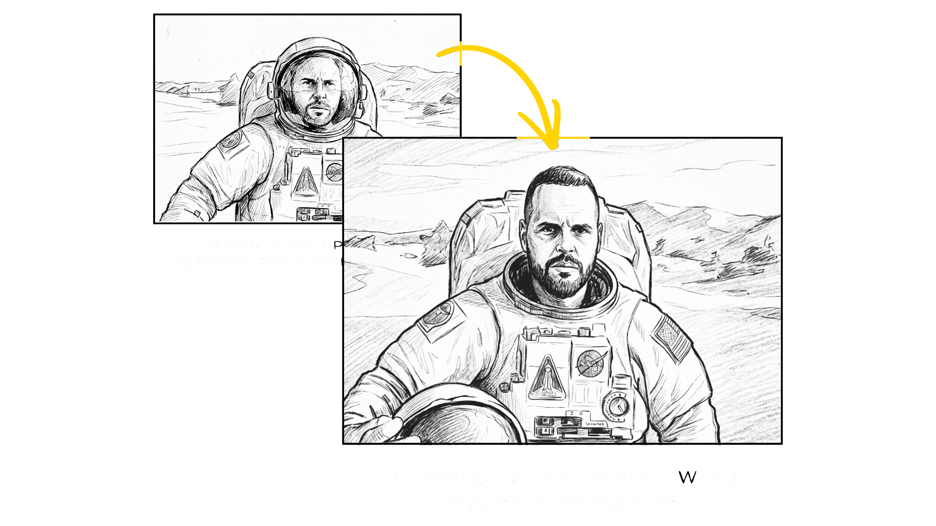 Hand-drawn storyboard sketches of an astronaut scene