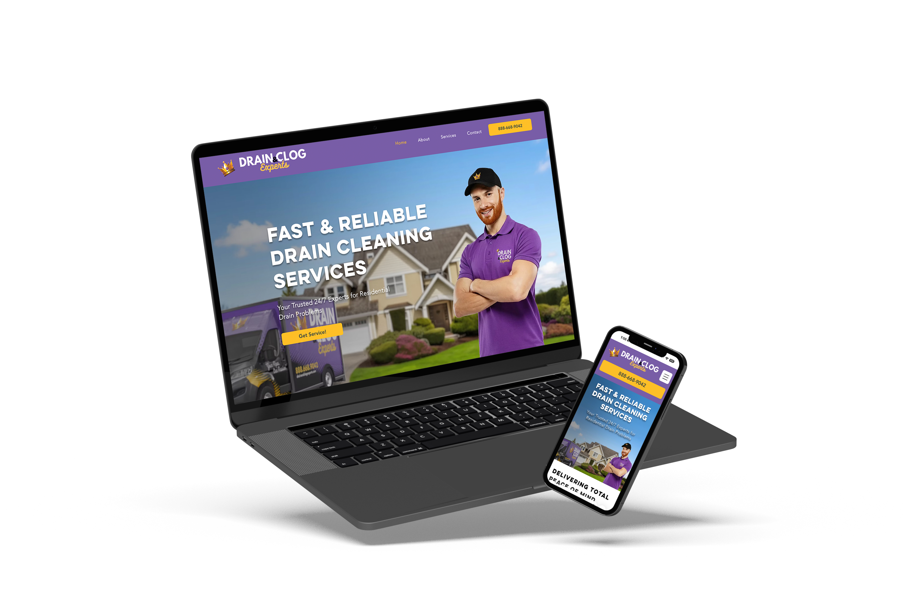 Drain and Clog Experts website shown on laptop and phone - designed by Thunder Media Co.