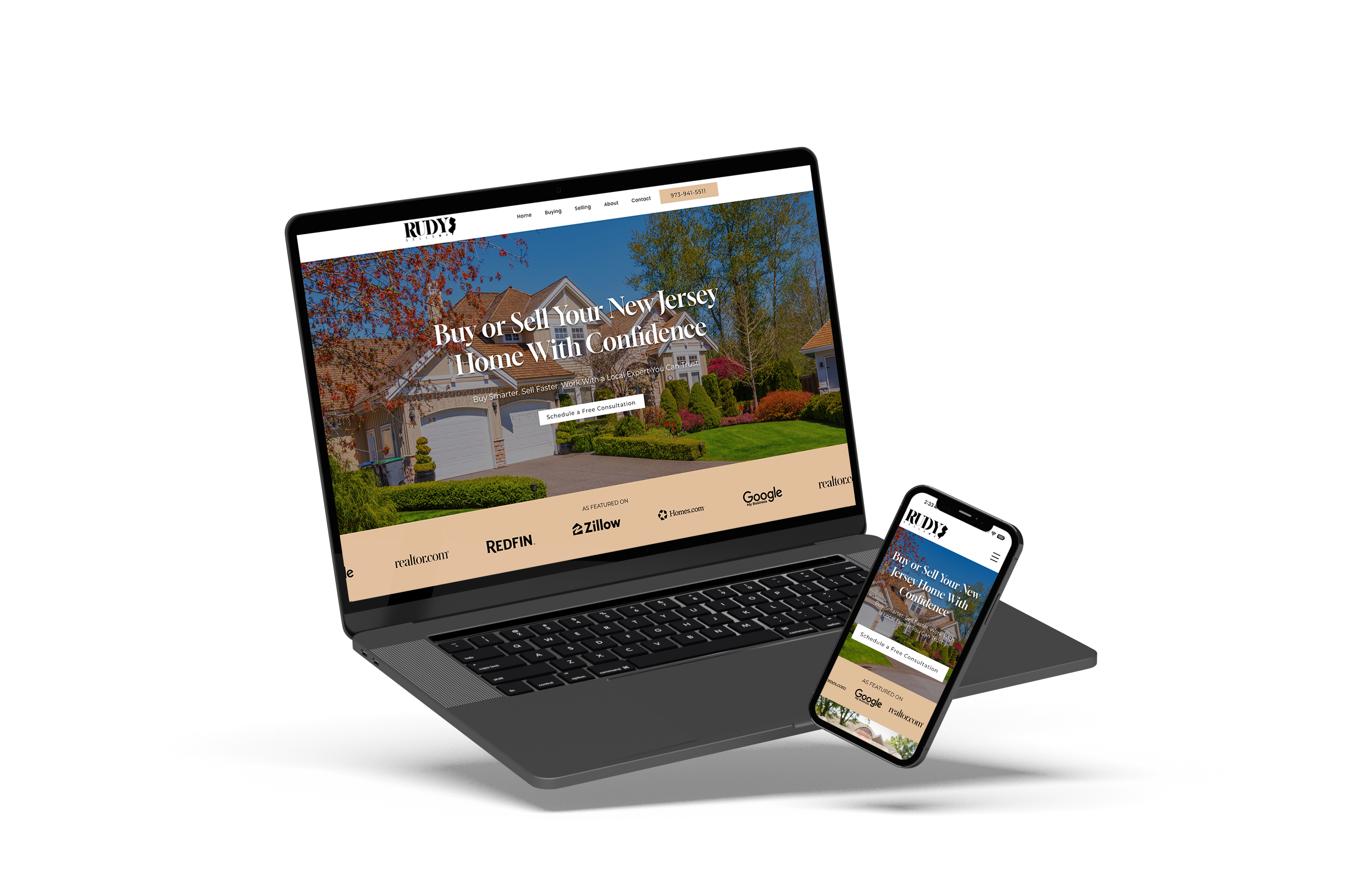 Rudy Sells NJ real estate website shown on laptop and phone - designed by Thunder Media Co.